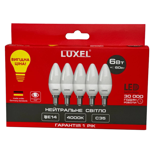  LUXEL Лампа LED C35 6w E14 4000K (045-NE) *5